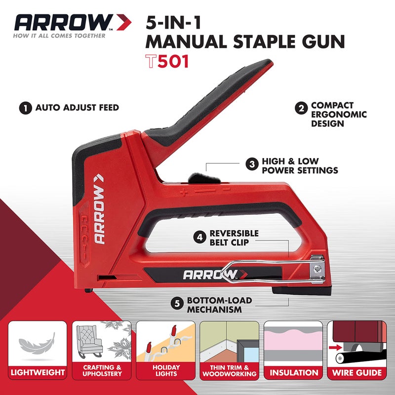 Arrow Fastener Arrow T501 5-in-1 Manual Staple and Nail Gun, Wire Stapler, and Brad Nailer for Wood, Upholstery, Construction, Insulation, Crafts, Fencing, and Cable, Black/Red - Image 2